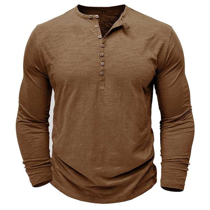 Men's long-sleeve henley with reinforced stitching for durability.