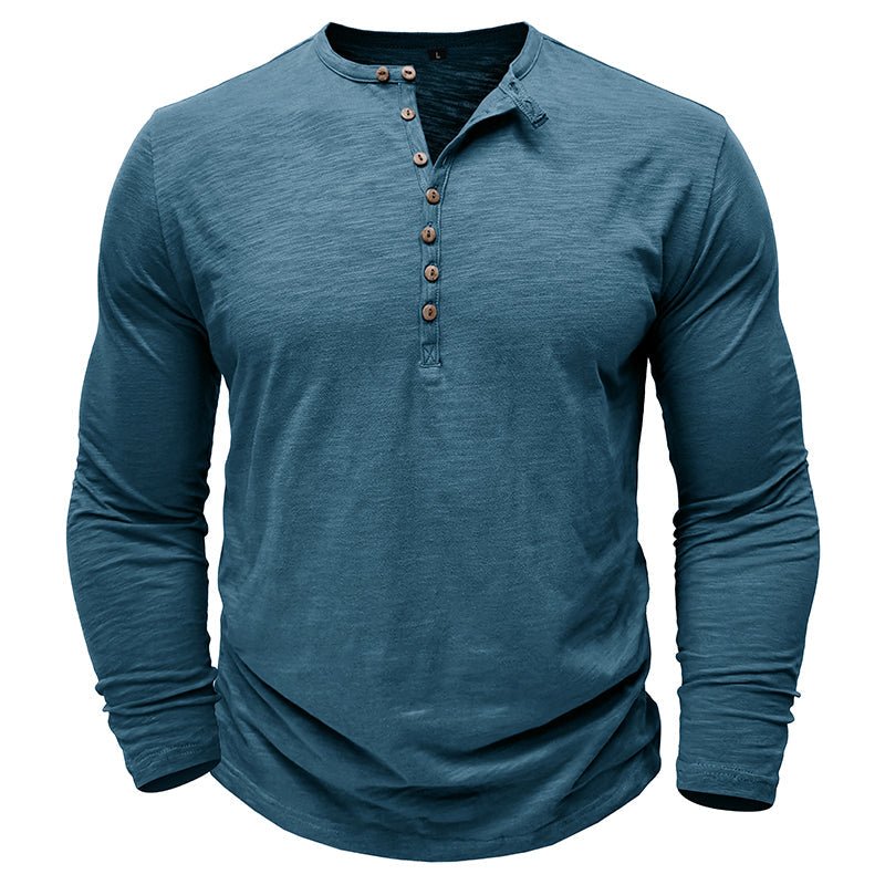 Classic men's casual long-sleeve henley shirt in a rich navy blue color.