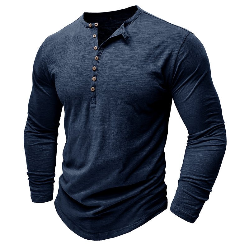 Side profile of a men's versatile henley, highlighting its relaxed fit.