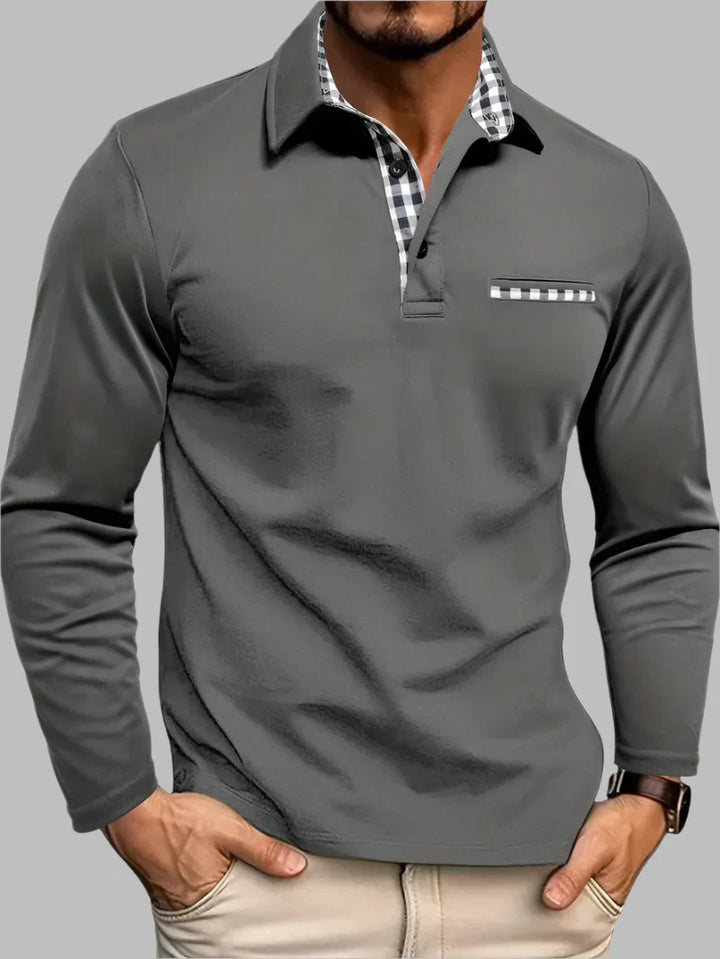 Men's classic long-sleeve polo shirt in tailored fit. Versatile cotton blend for smart casual or casual wear.