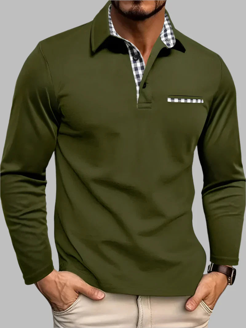 Versatile men's long-sleeve polo shirt. Classic style, tailored fit, button placket. Ideal for smart casual & casual.