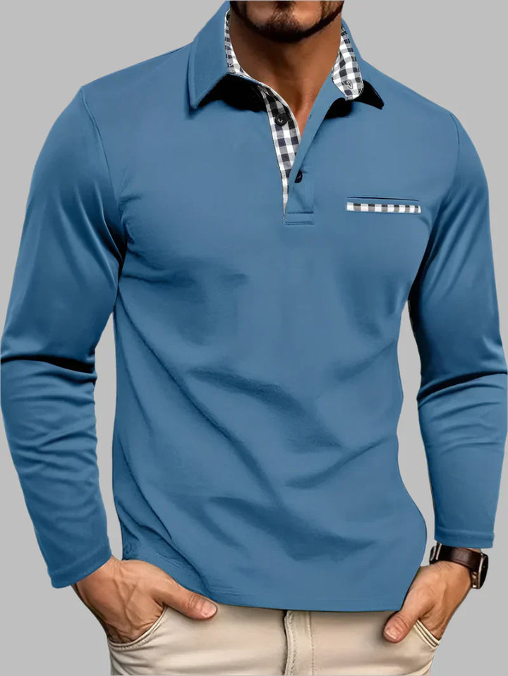 Soft cotton blend men's long-sleeve polo. Classic design, breathable fabric for comfort. Tailored fit, ideal daily wear.