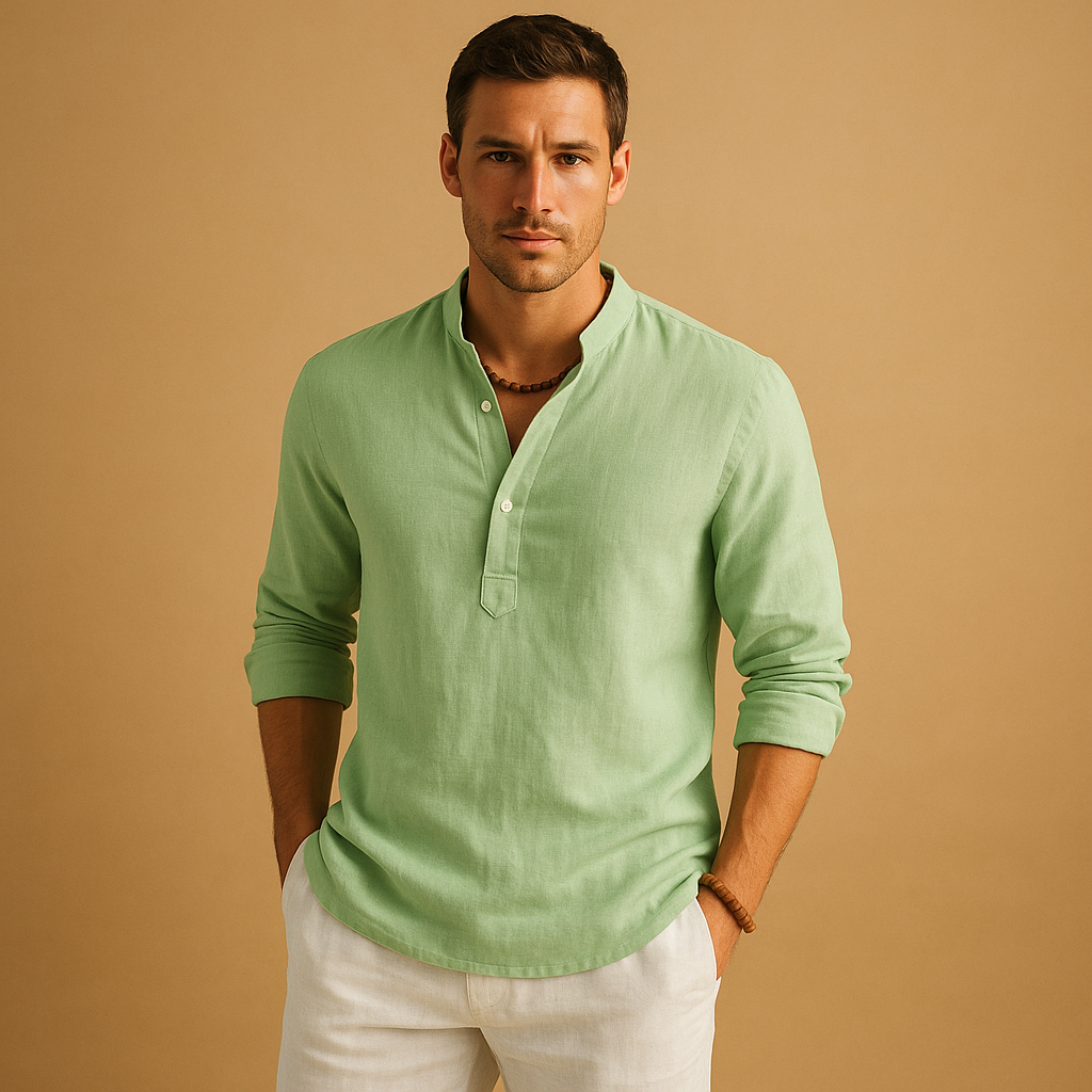 Classic men's button-down long sleeve top, offering versatile style for both office wear and casual outings.