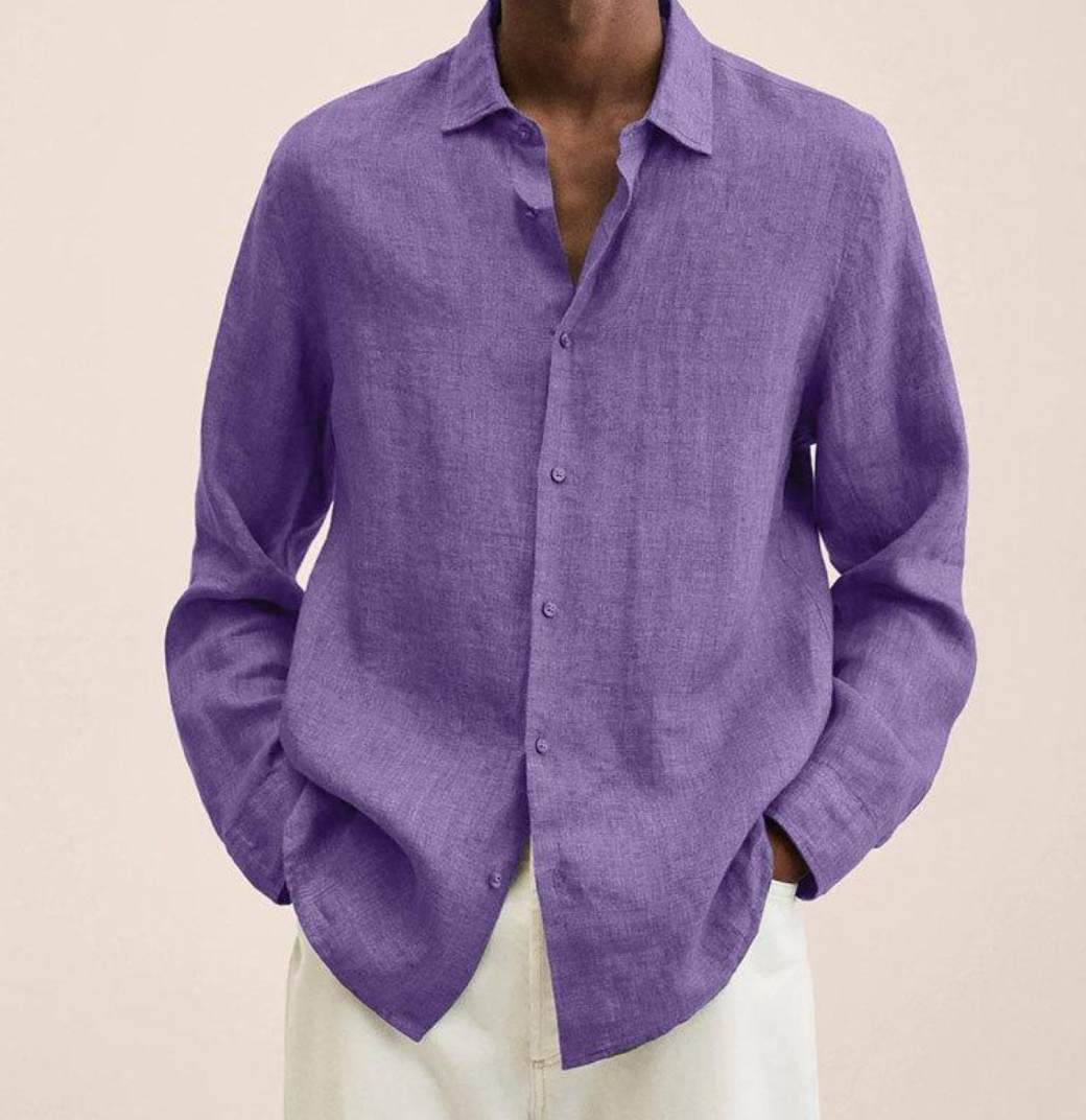 Men's breathable long sleeve summer shirt, button-down style, relaxed fit, and classic collar for casual elegance.