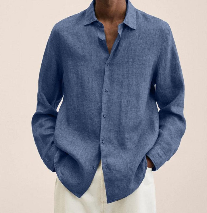 Effortless men's summer shirt with long sleeves, button-down front, and a classic collar, comfortable and stylish.