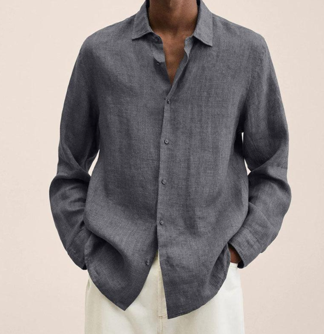 Breathable men's long sleeve summer shirt, relaxed fit, and classic collar, offering effortless summer style.