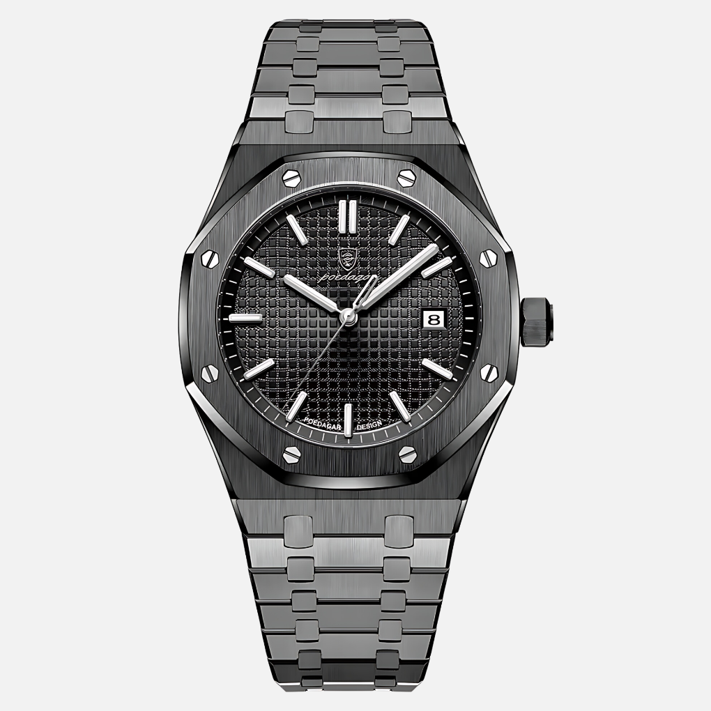 Sophisticated men's quartz wrist watch featuring a timeless Roman numeral dial & polished case, an elegant accessory.
