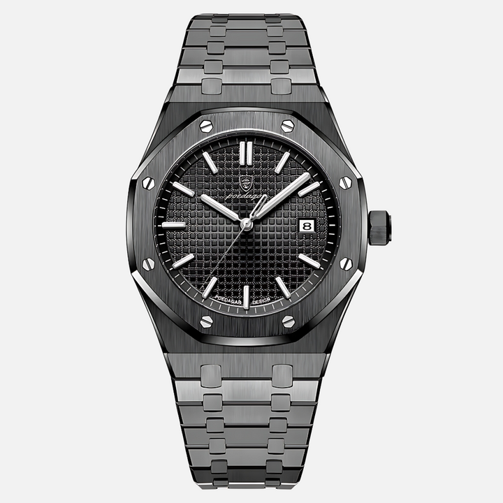 Sophisticated men's quartz wrist watch featuring a timeless Roman numeral dial & polished case, an elegant accessory.