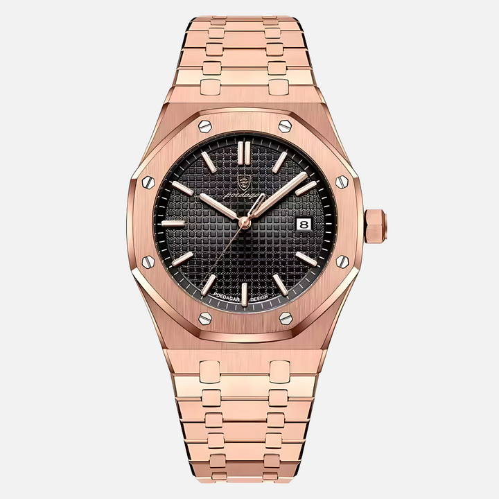Men's durable quartz watch with a sleek polished case, elegant Roman numerals, and a comfortable genuine leather strap.