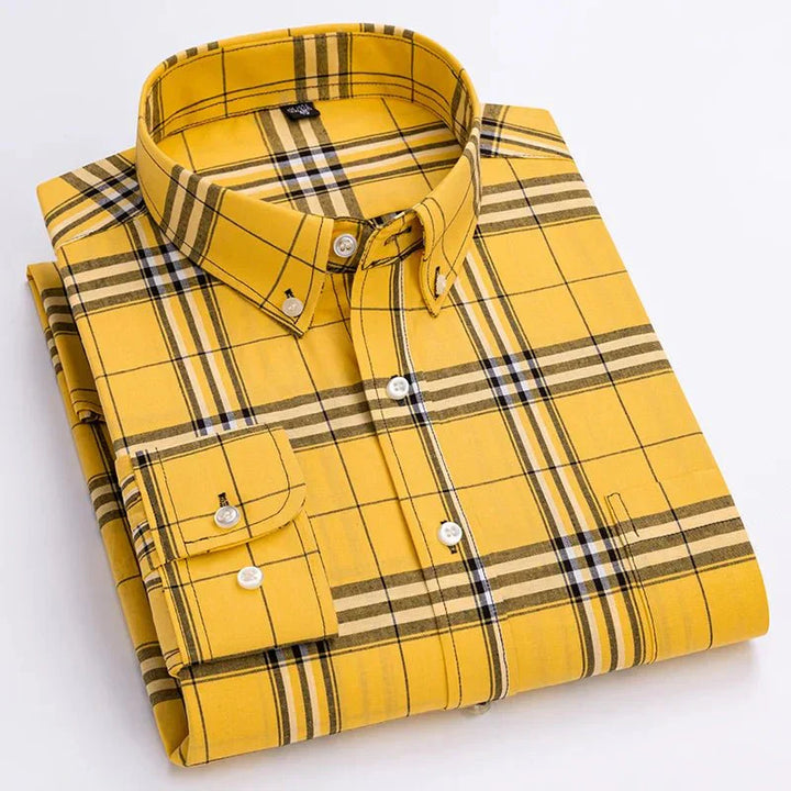 Detail of the collar and buttons on a men's versatile plaid long sleeve shirt for everyday fashion