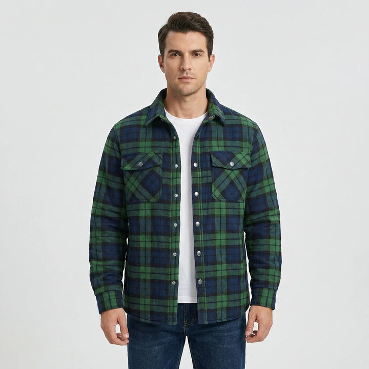 Warm men's plaid lumberjack jacket with quilted lining, perfect casual outerwear for fall & winter.