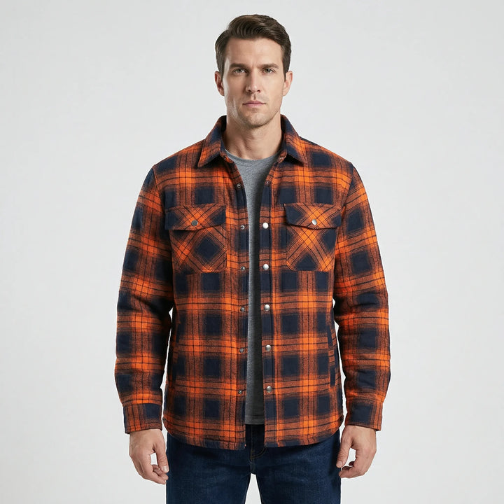 Durable red & black plaid men's lumberjack jacket, ideal casual winter coat with quilted lining.