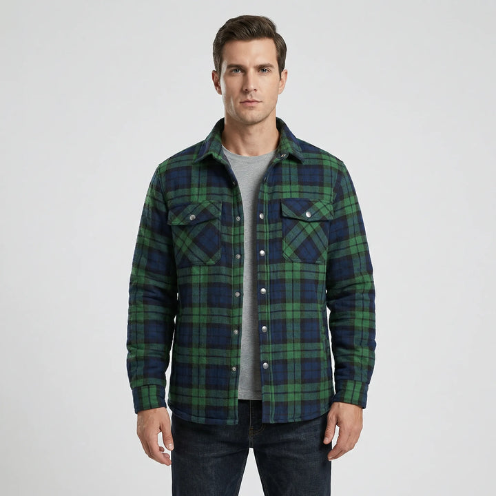 Cozy men's plaid lumberjack jacket, perfect warm outerwear for outdoor adventures & fall fashion.