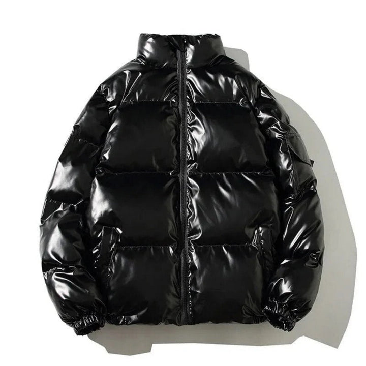 Men's classic shiny black puffer jacket, ideal for winter outerwear and streetwear, featuring a quilted design.