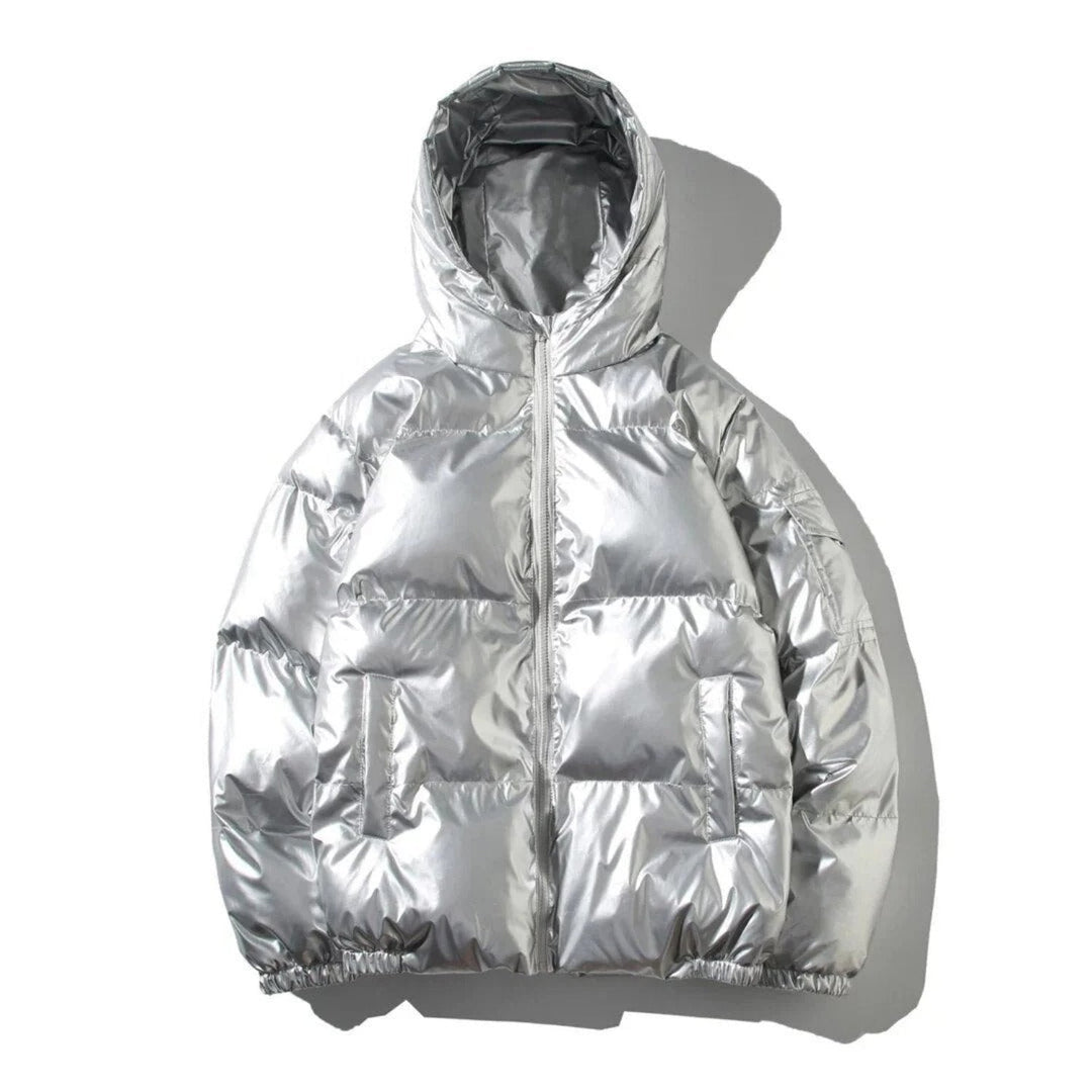 Side profile of a men's shiny puffer jacket, showcasing its volume and classic design for winter warmth.