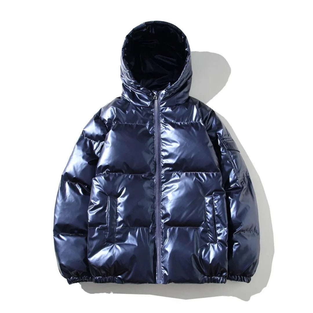 Rear view of a men's shiny quilted puffer jacket, emphasizing its classic silhouette and outerwear appeal.