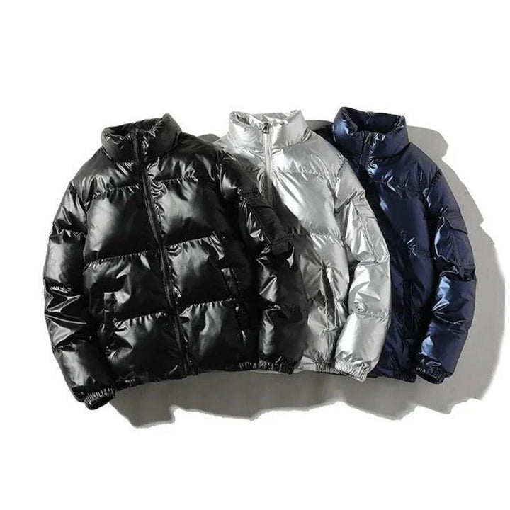 Men's shiny puffer jacket in a vibrant color, offering warmth and a bold streetwear look for winter fashion.