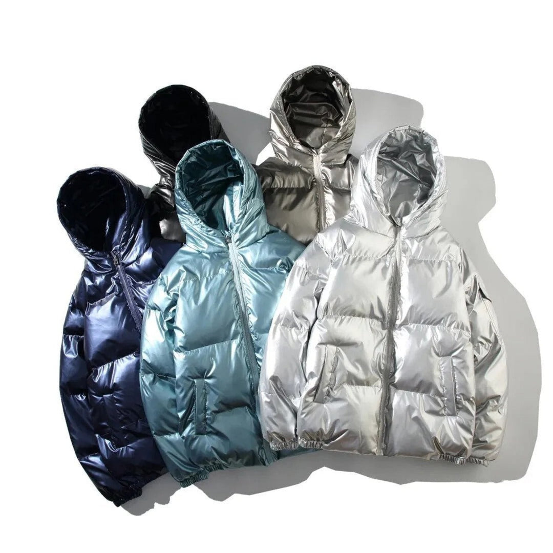 Arrangement of multiple men's classic shiny puffer jackets in various colors, showcasing winter outerwear options.