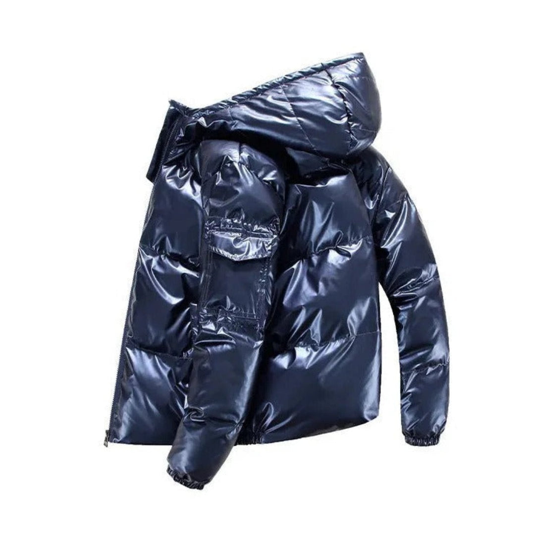 Inside view of a men's shiny puffer jacket, highlighting its quilted lining and insulation for ultimate warmth.