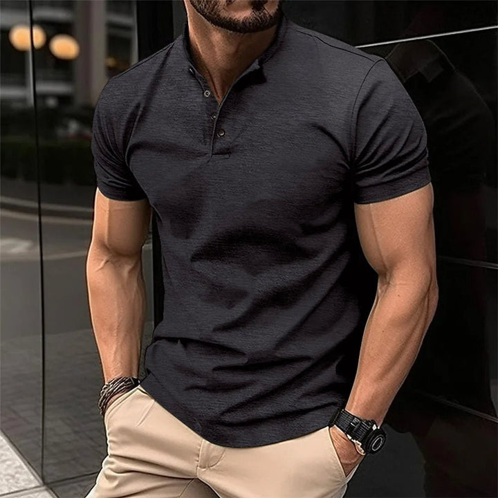 Men's classic short sleeve Henley shirt with mandarin collar, perfect for casual summer fashion.