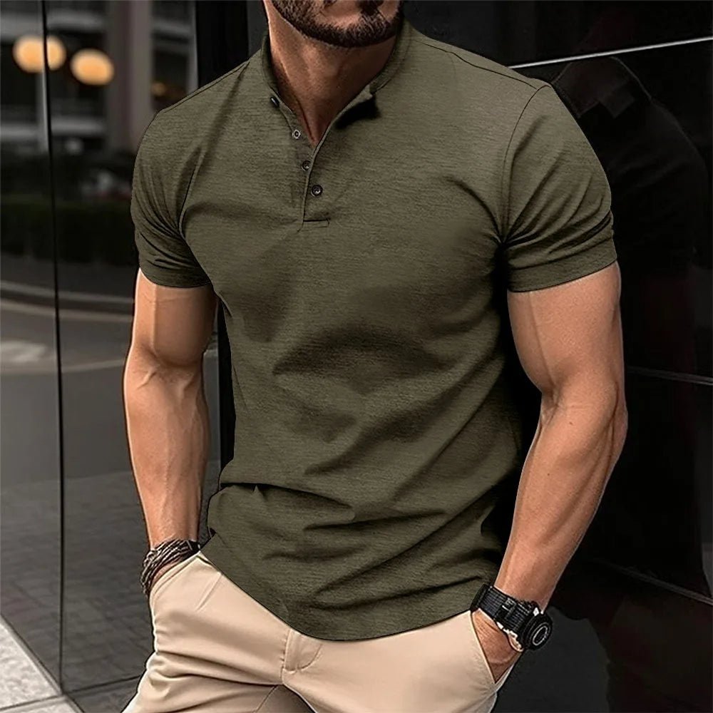 Relaxed fit men's short sleeve Henley top, comfortable and versatile for everyday summer style.