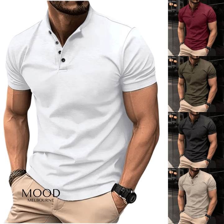 Versatile men's classic short sleeve Henley shirt for summer, featuring a relaxed fit and button-up design.