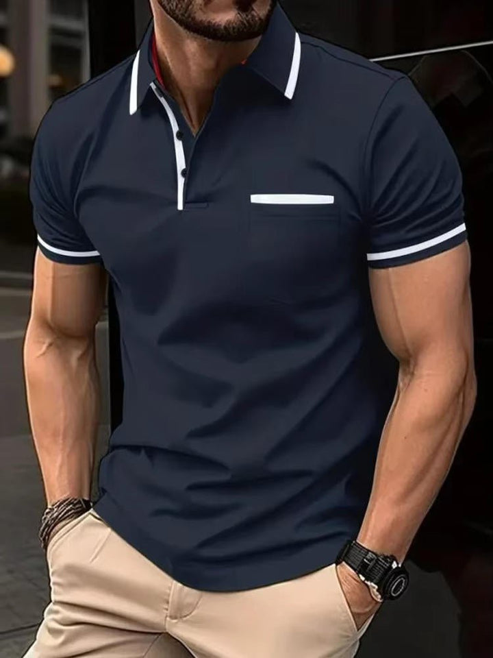 Stylish men's classic short sleeve polo with chest pocket, a timeless piece for men's fashion.
