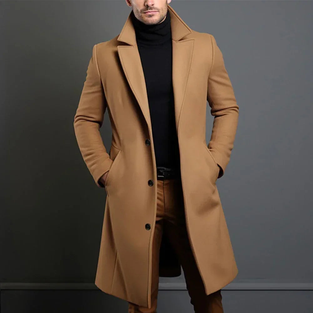 Men's classic single-breasted overcoat, formal & smart casual business attire. Tailored, sophisticated men's outerwear.