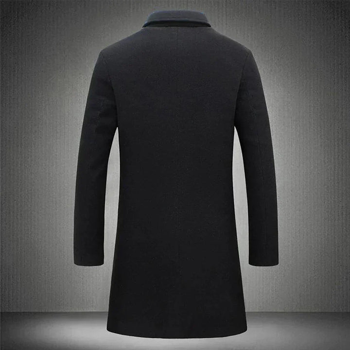 Sophisticated men's single-breasted overcoat, a timeless classic for formal events & smart casual business looks. Versatile.