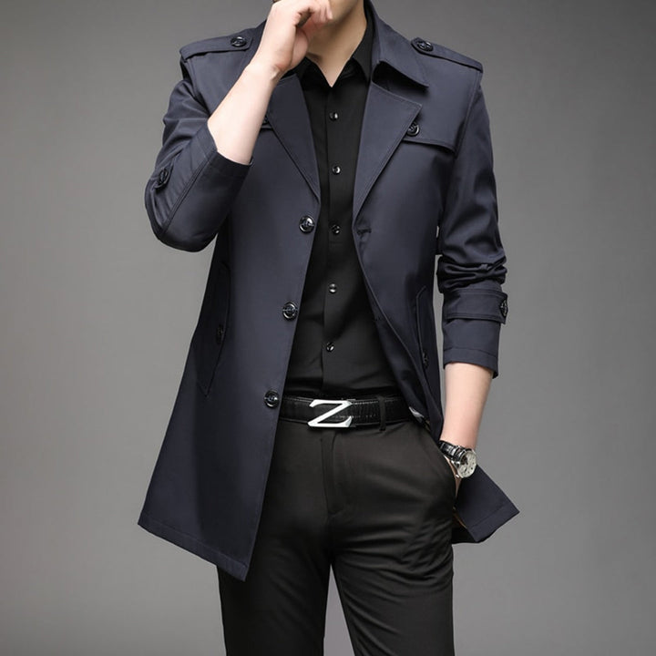 Men's lightweight trench coat, single-breasted, shown draped open, a casual spring jacket option.