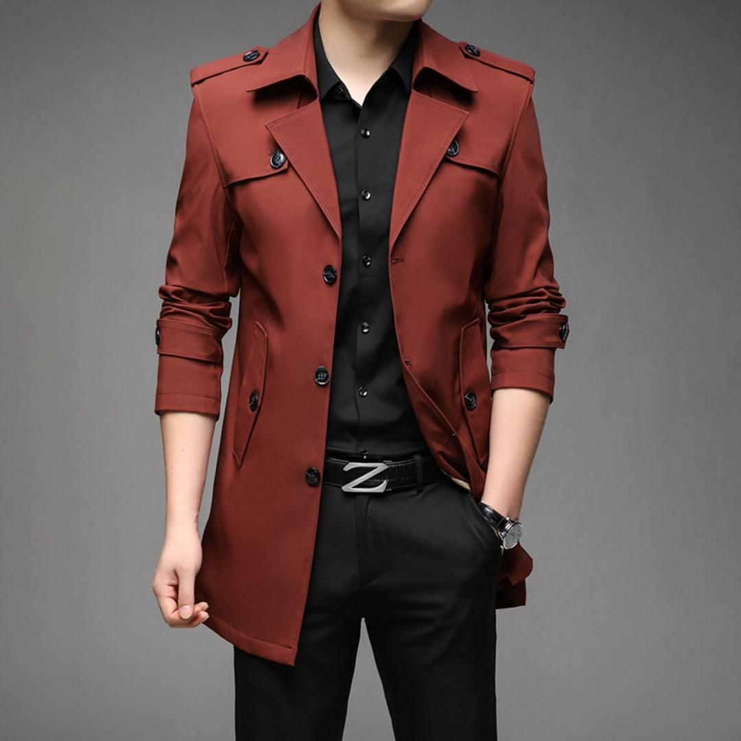 Back view of a men's timeless single breasted trench coat, highlighting its lightweight design.