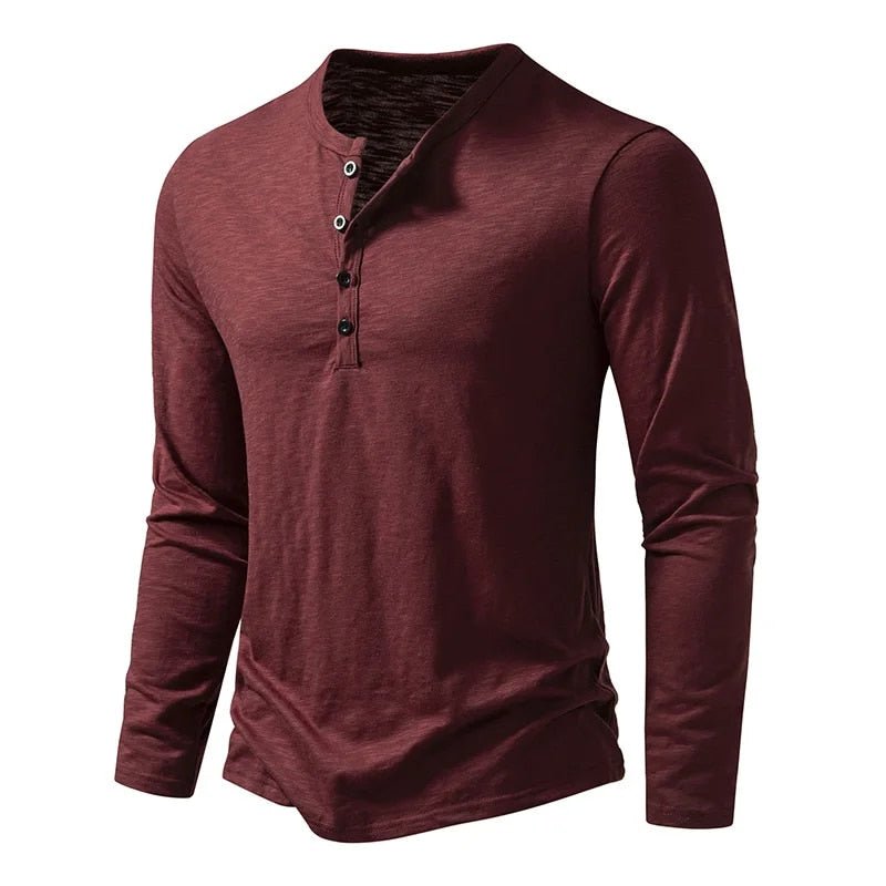 Classic men's henley top, slim fit long sleeve. A timeless piece for casual everyday wear.