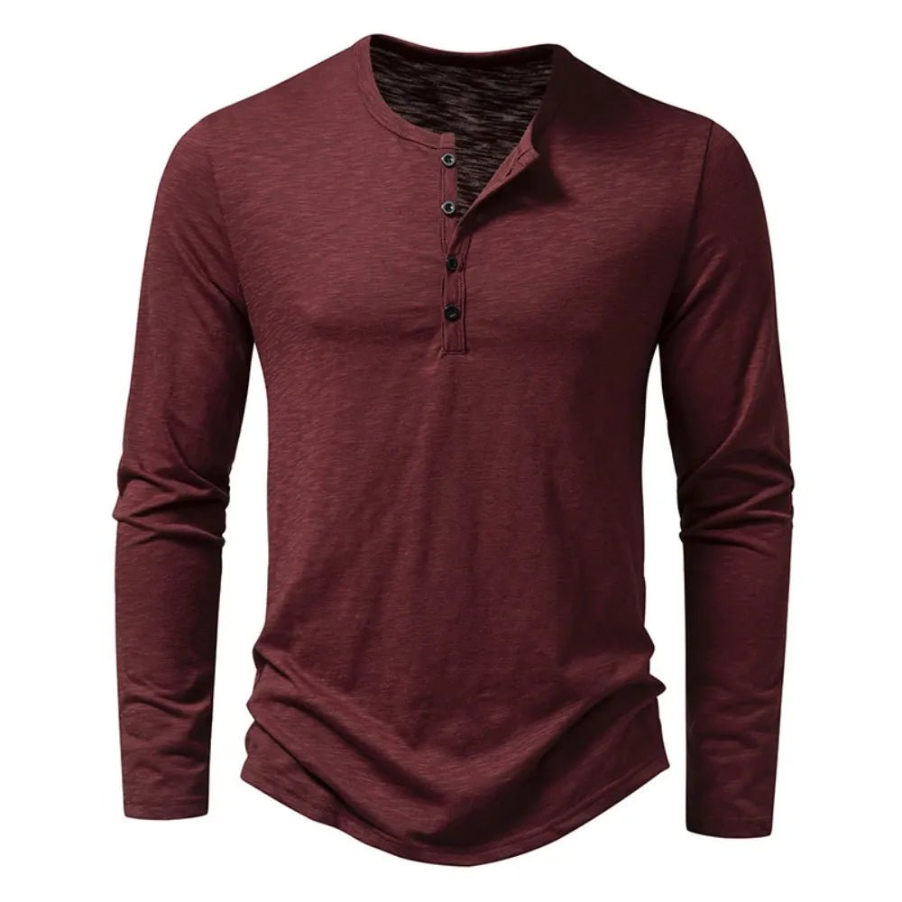 Front view: Men's classic slim fit long sleeve henley shirt with prominent button details.