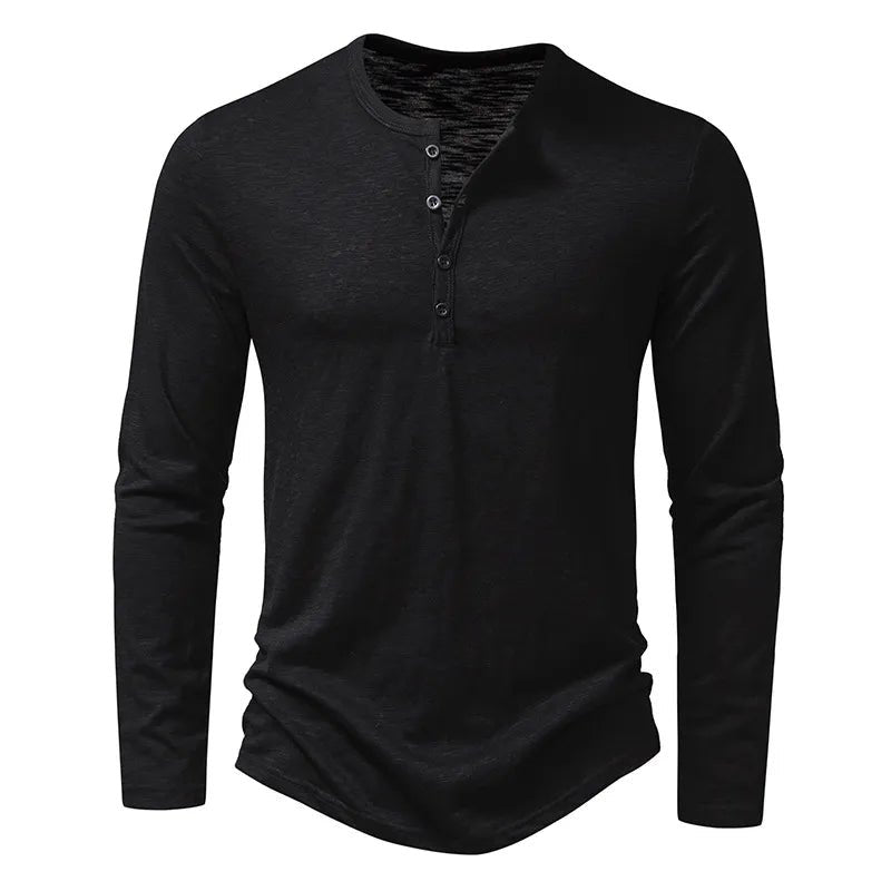 Modern men's long sleeve henley shirt. Slim fit, perfect for versatile everyday layering.