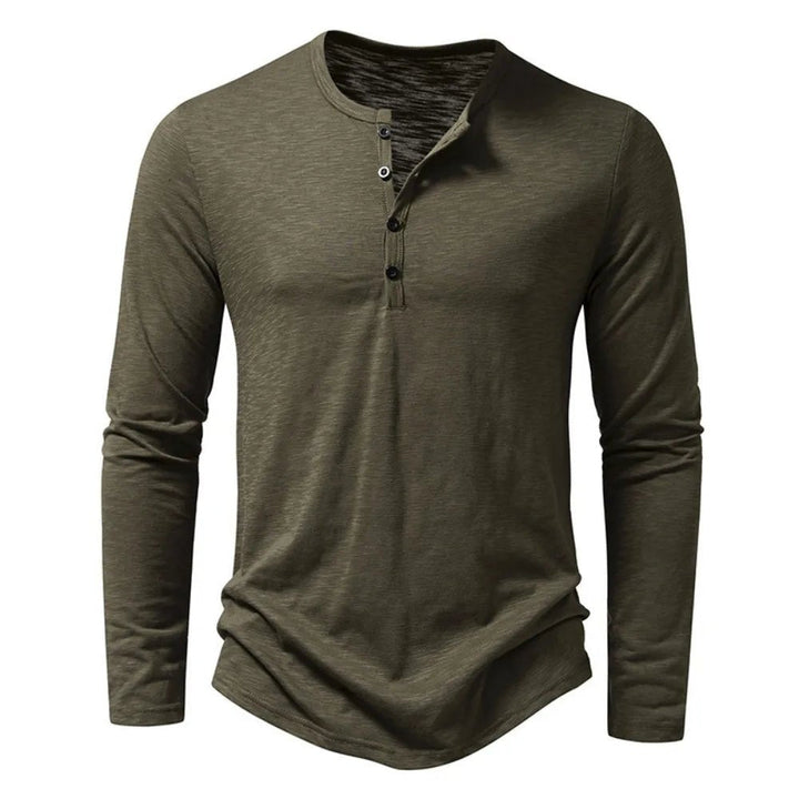 Comfortable slim fit long sleeve henley for men. A stylish wardrobe essential for daily outfits.