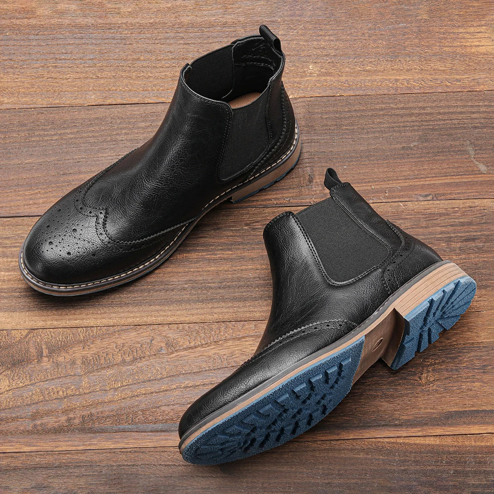 Men's classic slip-on Chelsea boots in polished black leather, side view