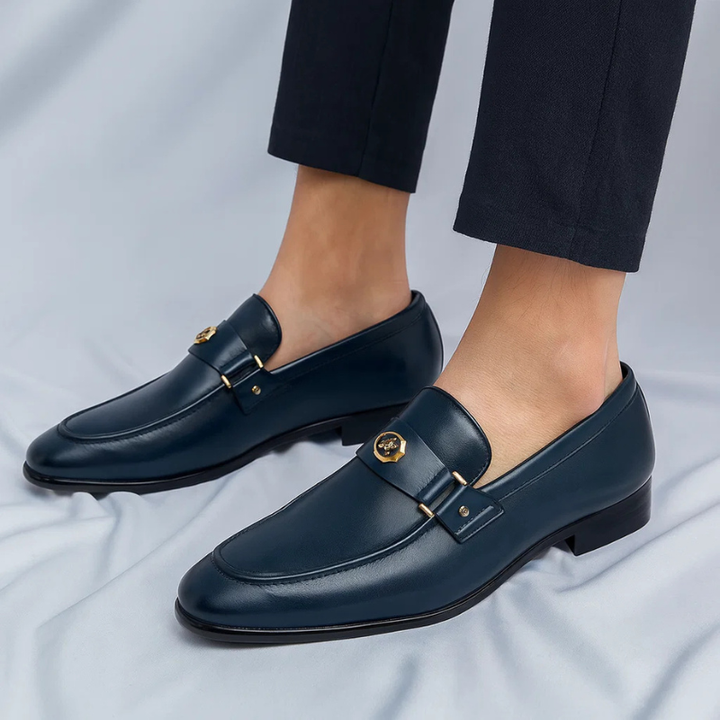 Navy men's classic slip-on loafers, perfect dress shoes for versatile smart casual style & comfort.