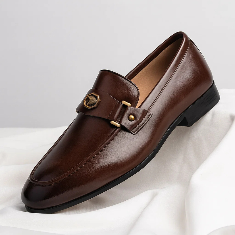 Brown men's slip-on dress loafers, offering timeless style & all-day comfort for everyday wear.