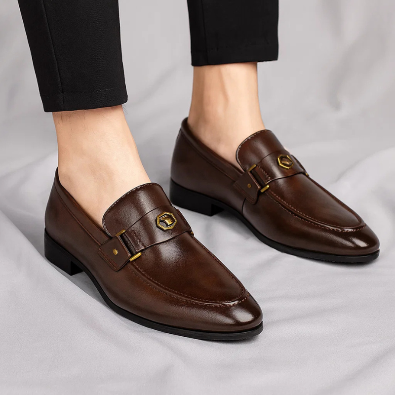 Black men's classic slip-on dress loafers; comfortable and stylish casual footwear for any occasion.