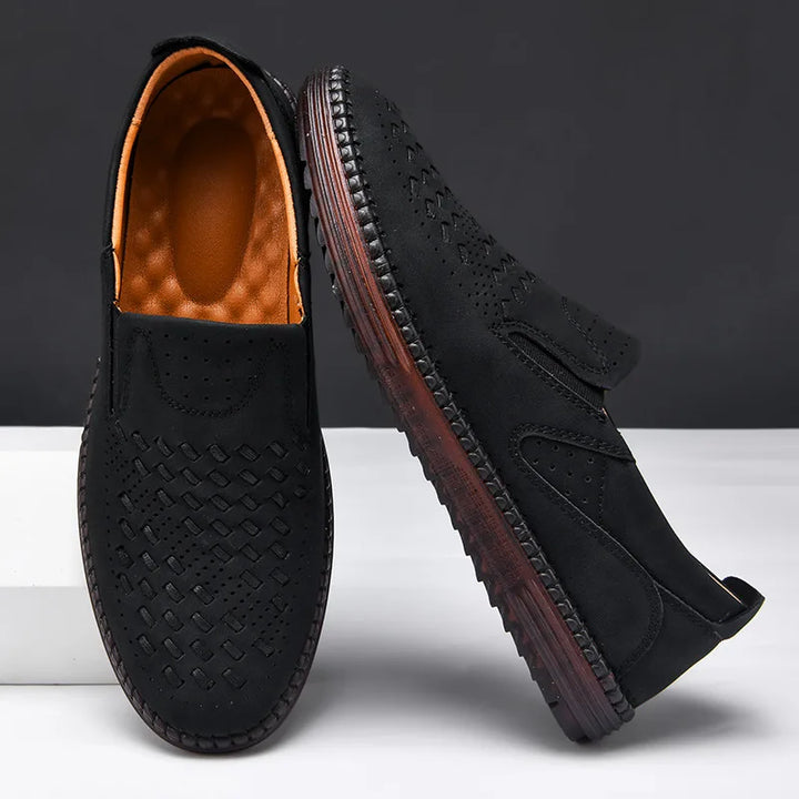 Men's comfortable slip-on shoes in a light tan, great for summer or spring attire.