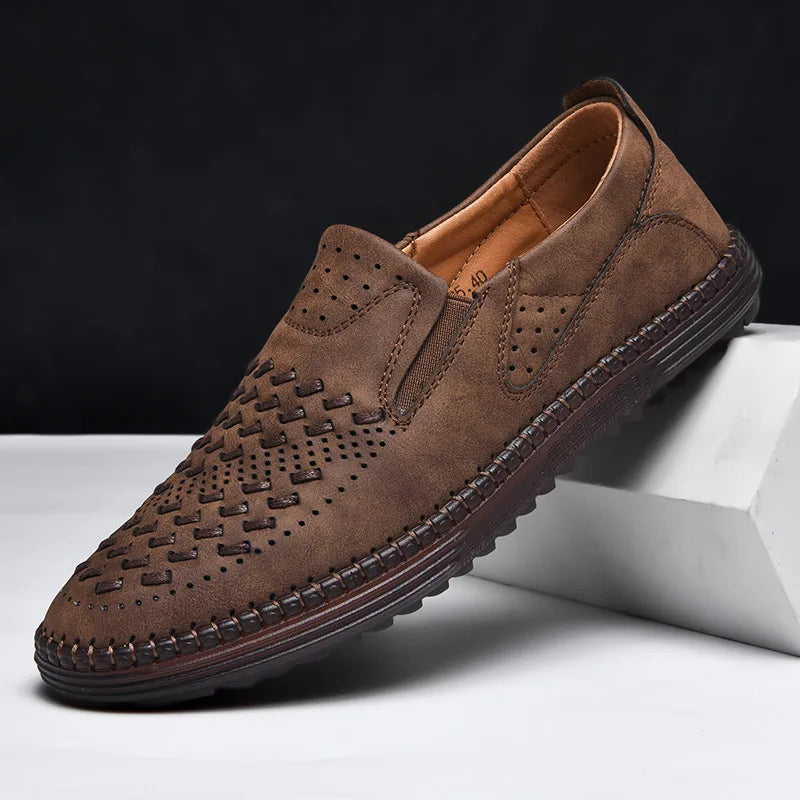 Brown breathable men's loafers, perfect for casual or formal wear, classic slip-on style.