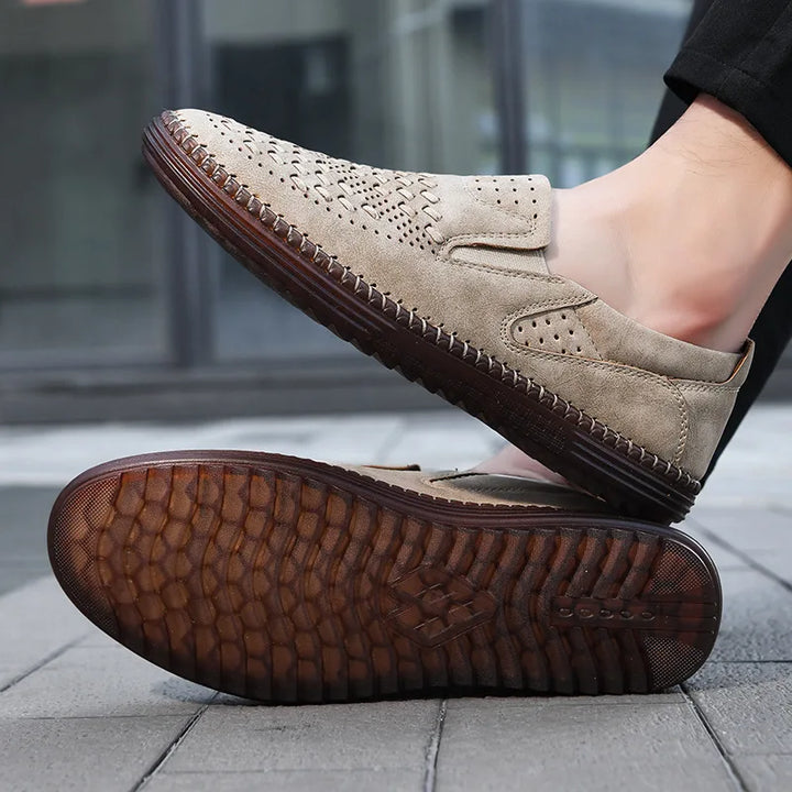 Comfortable men's formal slip-on shoes in a deep red, a statement piece for men's fashion.