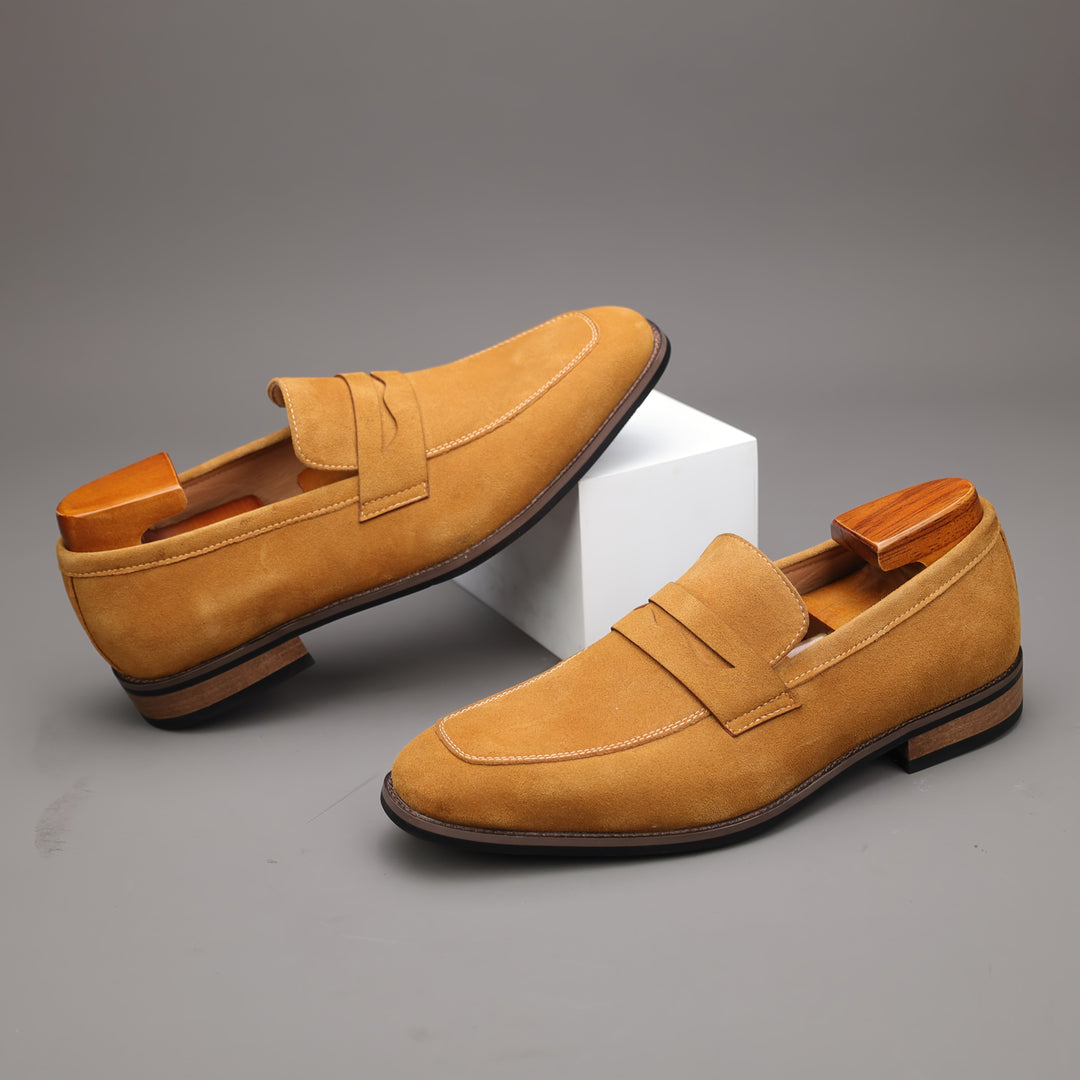 Light brown men's slip-on loafers, comfortable casual shoes with a classic design for everyday effortless style.
