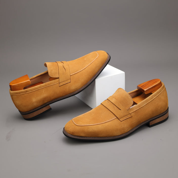 Light brown men's slip-on loafers, comfortable casual shoes with a classic design for everyday effortless style.