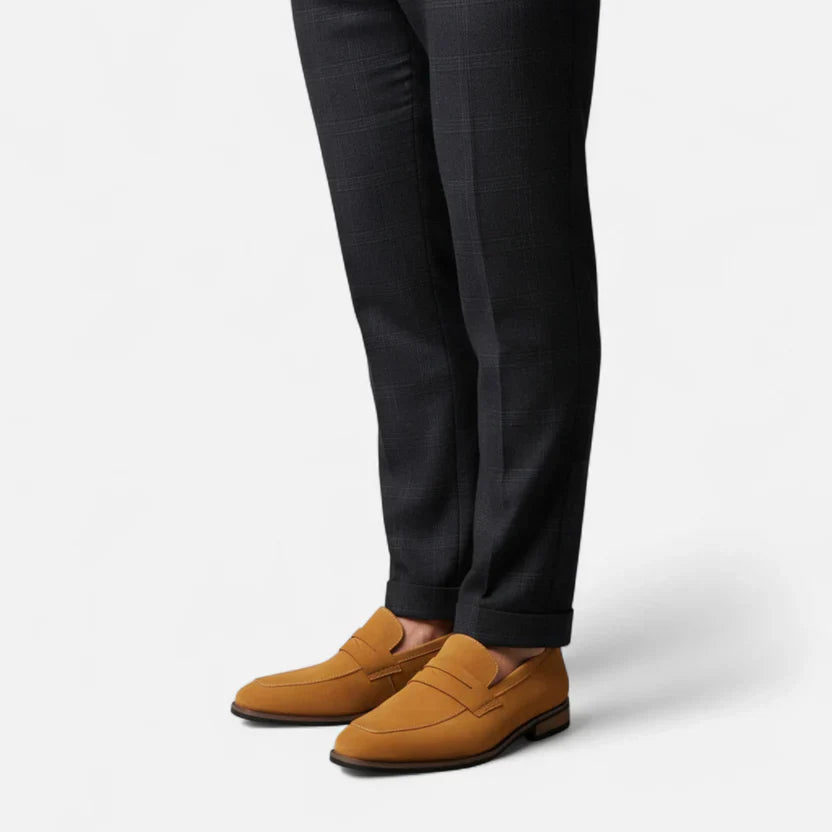 Men's classic slip-on loafers; comfortable casual & dress shoes available in black, brown, blue for effortless style.