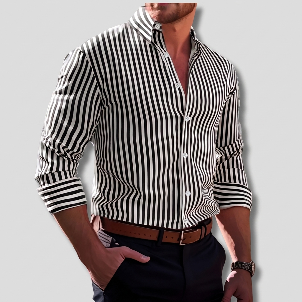 Men's long sleeve striped button-down work shirt. Classic formal wear, ideal for office and professional settings.