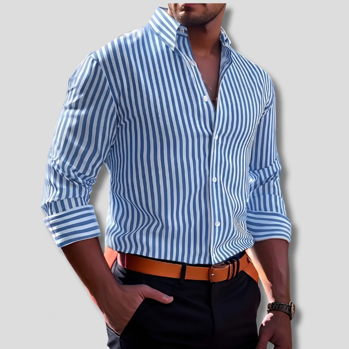 Close-up of men's classic striped button-down shirt fabric, showing quality material and button details.