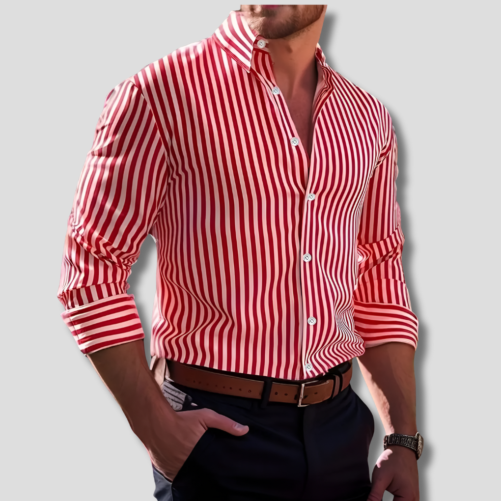 Stylish men's striped button-down shirt. Comfortable long sleeve for easy everyday style & versatile fashion.