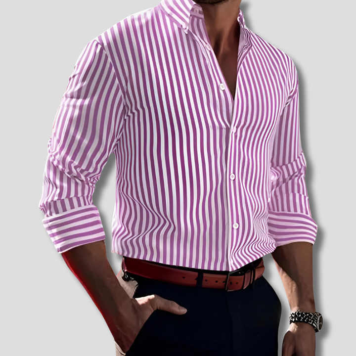 Fine striped men's long sleeve button-down shirt. A timeless classic for modern everyday and work fashion.