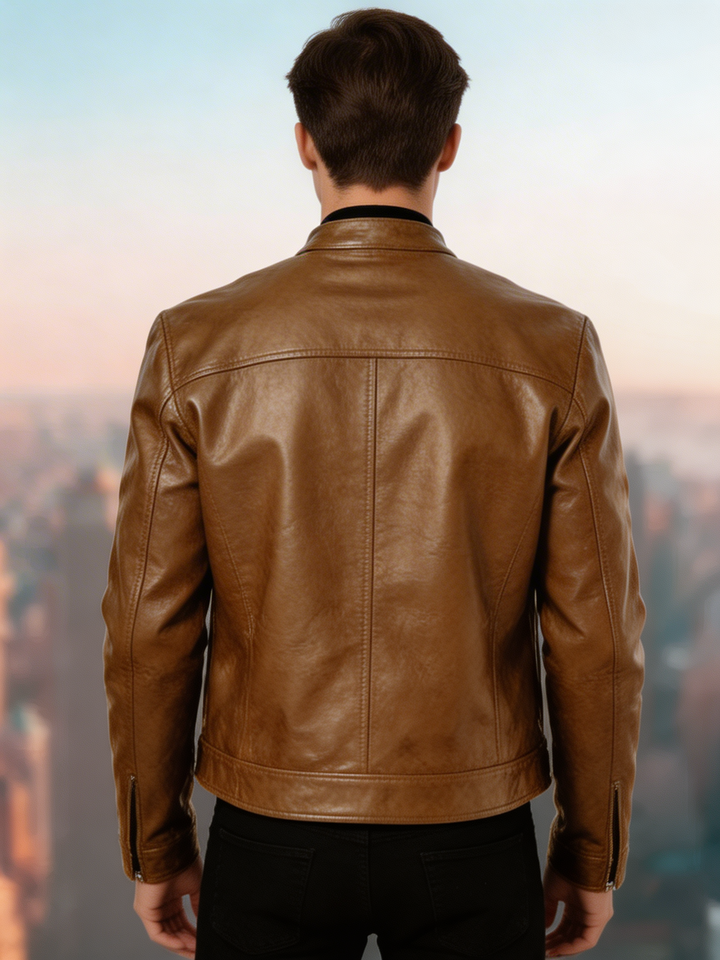 Modern men's classic jacket featuring a zipper front, tailored fit & durable design for all-season style.